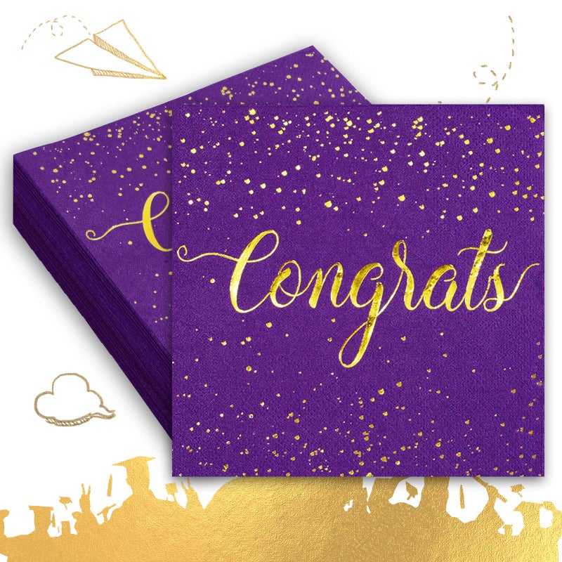 Whaline 80Pcs Congratulations Paper Napkins Gold Foil Congrats Cocktail Napkins Purple Graduation Party Disposable Beverage Napkins for Engagement Graduation Baby Shower Celebration Party - Image 2