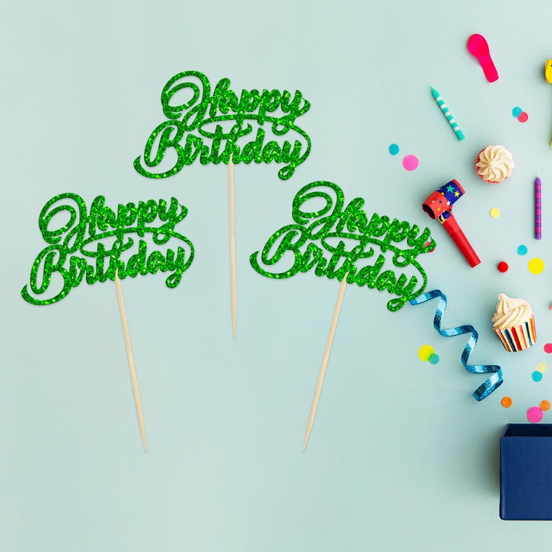 Ephlyn 24Pcs Happy Birthday Cupcake Toppers Glitter Celebrating Birthday Cupcake Picks Baby Shower Kids Birthday Party Cupcake Decorations Supplies Green - Image 4