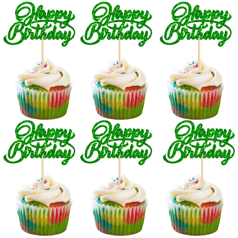 Ephlyn 24Pcs Happy Birthday Cupcake Toppers Glitter Celebrating Birthday Cupcake Picks Baby Shower Kids Birthday Party Cupcake Decorations Supplies Green - Image 1