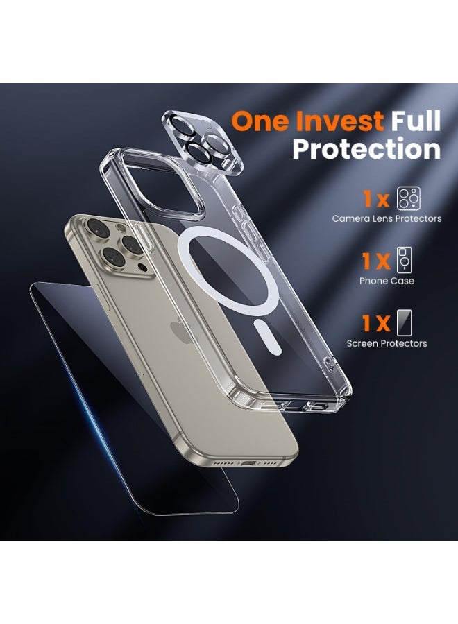DEIN iPhone 15 Pro Max 3in1 Phone Accessories Bundle - Heavy duty Shockproof Clear Cover Case [MagSafe Compatible] + Tempered Glass Screen Protector + Camera Lens Protector, Anti Yellowing Magnetic Case - Image 2