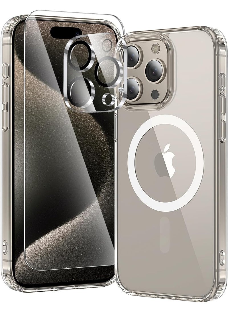 DEIN iPhone 15 Pro Max 3in1 Phone Accessories Bundle - Heavy duty Shockproof Clear Cover Case [MagSafe Compatible] + Tempered Glass Screen Protector + Camera Lens Protector, Anti Yellowing Magnetic Case - Image 1