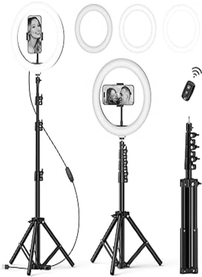ATUMTEK LED Ring Light ATUMTEK with Tripod Mobile Phone Holder Height 10 Inches, 55 Inch Ring Light Bluetooth Remote Control, Dimmable for TikTok, Zoom, Vlogs, YouTube, Picture, with 3 Lighting Modes and 10 