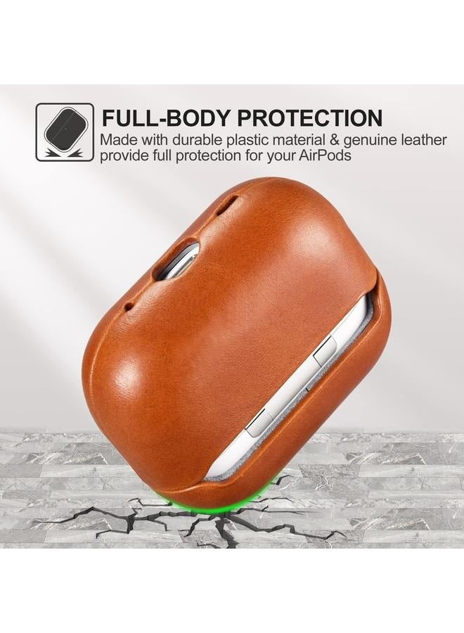 Leather Case Cove For Apple AirPods Pro Brown,Genuine Leather Shockproof Protective Cover for AirPods Pro Earphones Charging Case Support Wireless Charger Brown - Image 5