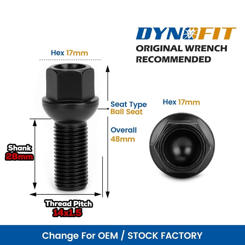 dynofit Store M14x1.5 Lug Bolts Fit OEM Rims Compatible with Audi A3 A4 A8 S2 S3 S8, 20PCS 28mm Shank 17mm Hex R12 Ball Seat Wheel Bolts fit Volkswagen Glof Jetta Tiguan Passat Beetle,OE#610-319 431-601 - Image 2