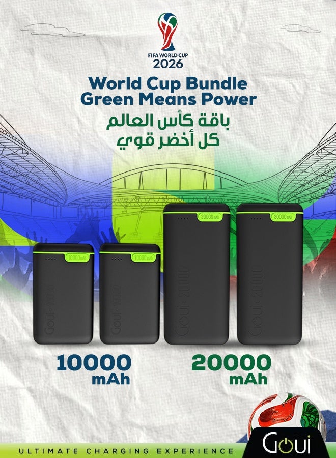 Goui 60000 mAh World Cup Bundle - Kigo Power Bank Set (2×20,000mAh + 2×10,000mAh) | High-Capacity Portable Chargers | Triple Output (2 Type-C + 1 USB-A) | Fast, Compact &Simultaneous Charging for Smartphones, Tablets, Gaming Devices, Bluetooth & More | Travel-Friendly Design for On-the-Go Power Anywhere Black Black