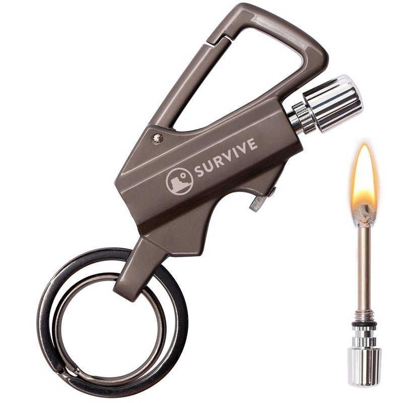 SURVIVE Permanent Match Bottle Opener Metal Keychain, Reusable Survival Fire Starter Striker Lighter, Emergency Waterproof Strike Anywhere Stick Kit (Charcoal) - Image 1