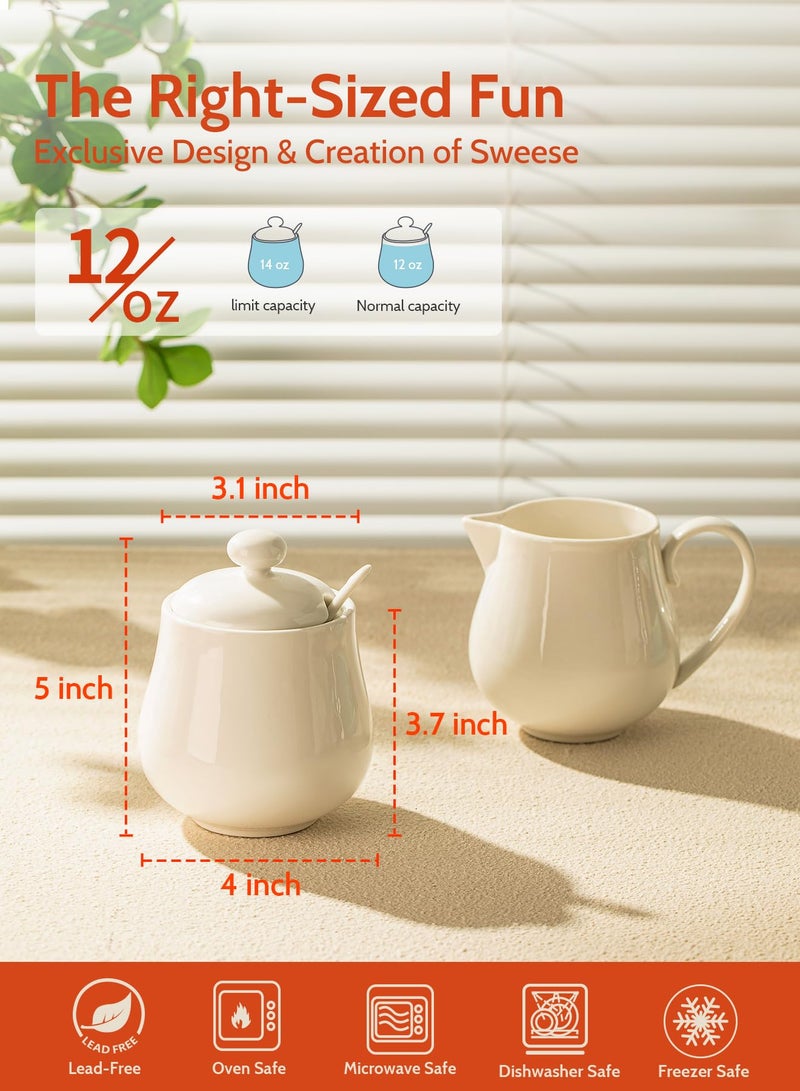 Sweese Sweese 480.101 Porcelain Sugar and Creamer Set, Coffee Serving Set, 3 Piece with Cream Pitcher, Sugar Bowl with Lid and Spoon, White  - Image 2