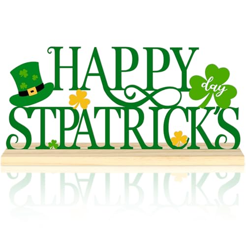 Sereliy Metal Happy St Patricks Day Table Sign St Patricks Day Tabletop Decoration with Wood Base Green Shamrock Holiday Centerpiece Sign Decor for Home Office Shelf Mantel Party SuppliesPatrickA - Image 1
