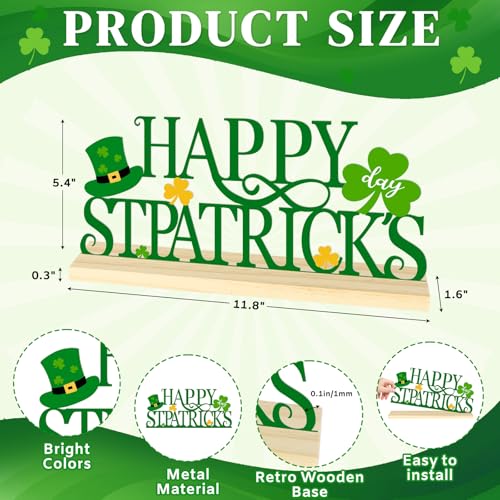 Sereliy Metal Happy St Patricks Day Table Sign St Patricks Day Tabletop Decoration with Wood Base Green Shamrock Holiday Centerpiece Sign Decor for Home Office Shelf Mantel Party SuppliesPatrickA - Image 3