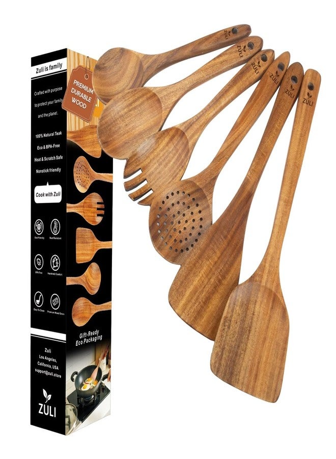 ZULI 6-Piece Teak Wooden Cooking Utensil Set - Spoons & Spatulas for Nonstick Cookware, Eco-Friendly Kitchen Tools, Gift-Ready & Durable - Image 1