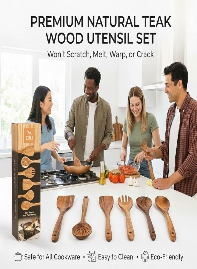 ZULI 6-Piece Teak Wooden Cooking Utensil Set - Spoons & Spatulas for Nonstick Cookware, Eco-Friendly Kitchen Tools, Gift-Ready & Durable - Image 2