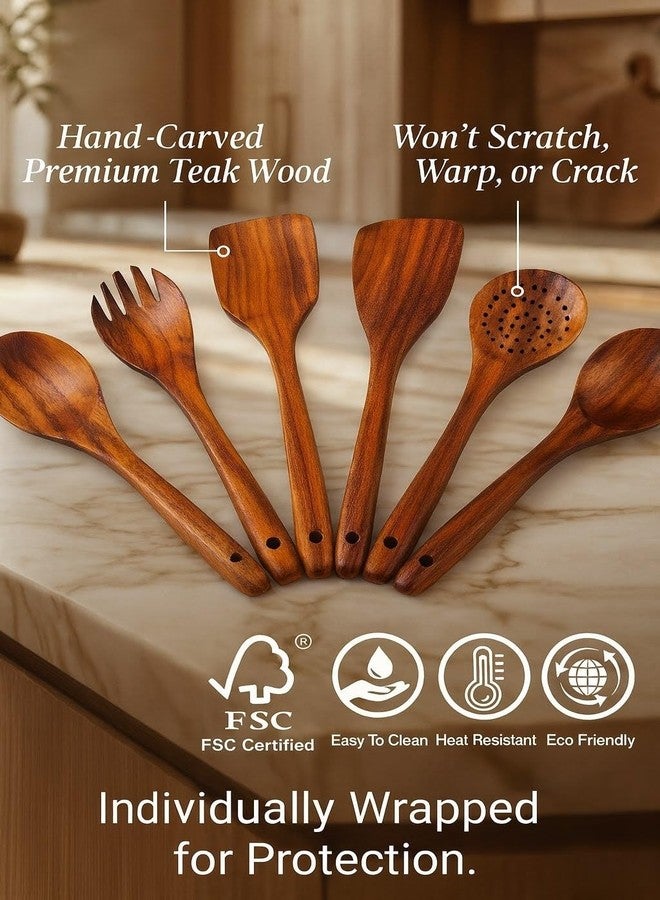 ZULI 6-Piece Teak Wooden Cooking Utensil Set - Spoons & Spatulas for Nonstick Cookware, Eco-Friendly Kitchen Tools, Gift-Ready & Durable - Image 4