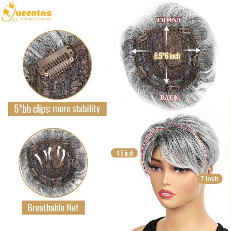 QUEENTAS Short Hair Topper for Women with Bangs 6.5"*6" Fluffy Hair Pieces Breathable Heat Resistant Synthetic Hair for Daily Wear 360Â°3D Cover Up (Black Mixed Grey) - Image 4