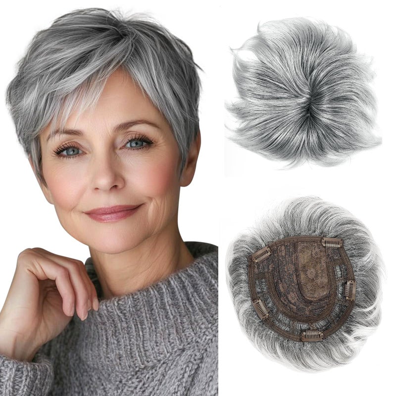 QUEENTAS Short Hair Topper for Women with Bangs 6.5"*6" Fluffy Hair Pieces Breathable Heat Resistant Synthetic Hair for Daily Wear 360Â°3D Cover Up (Black Mixed Grey) - Image 1