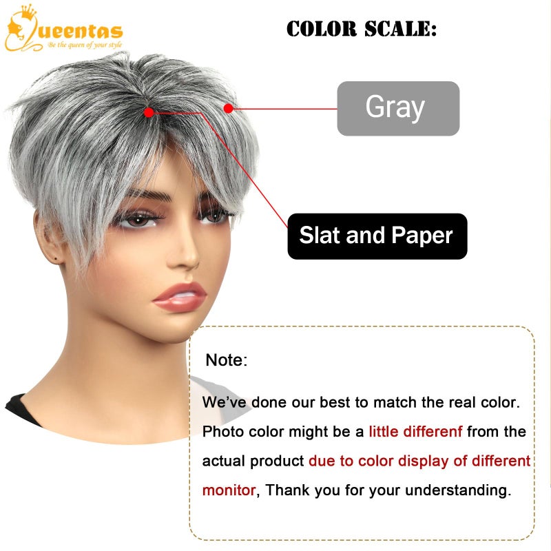 QUEENTAS Short Hair Topper for Women with Bangs 6.5"*6" Fluffy Hair Pieces Breathable Heat Resistant Synthetic Hair for Daily Wear 360Â°3D Cover Up (Black Mixed Grey) - Image 2