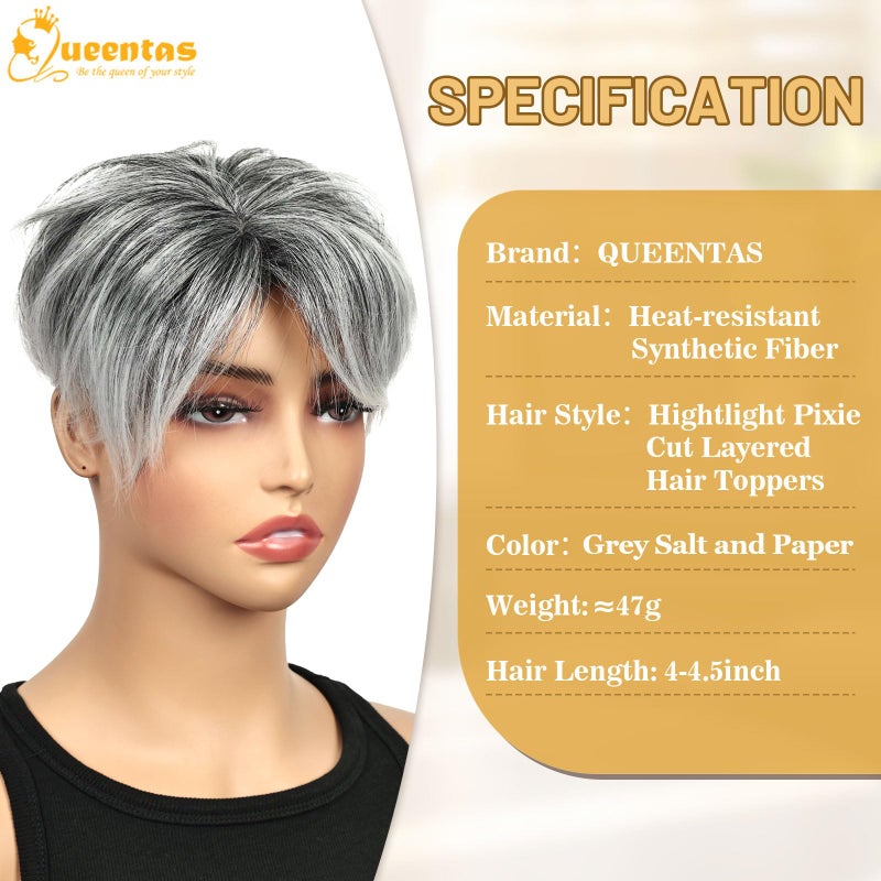 QUEENTAS Short Hair Topper for Women with Bangs 6.5"*6" Fluffy Hair Pieces Breathable Heat Resistant Synthetic Hair for Daily Wear 360Â°3D Cover Up (Black Mixed Grey) - Image 3