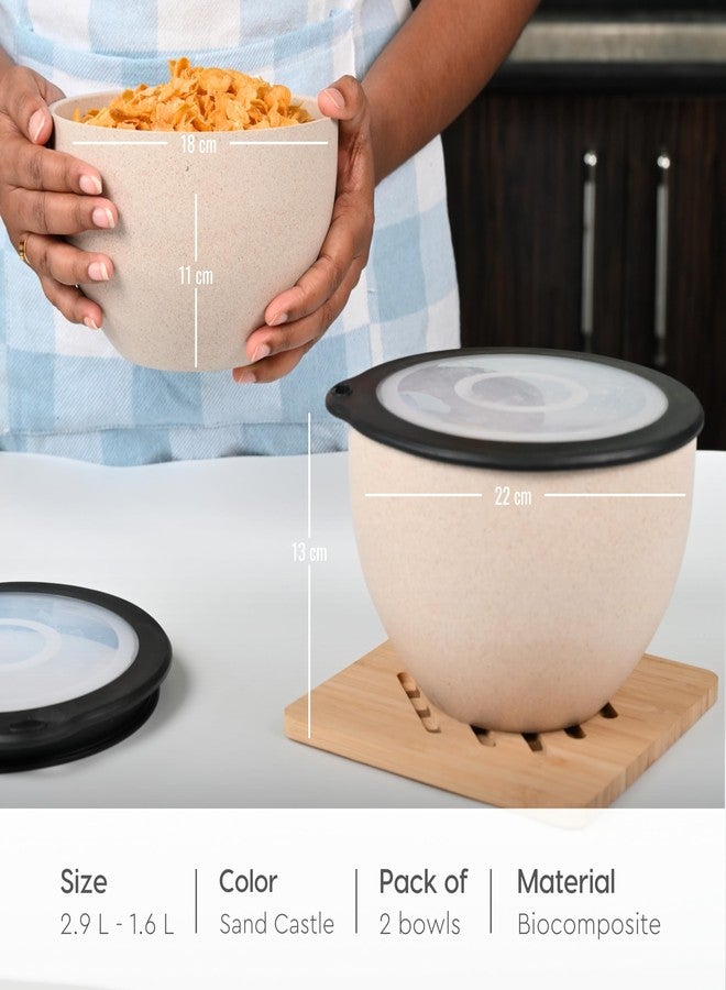 Eha Earth Friendly Mixing Bowls and Serving Bowls with Lid | Microwave Safe Bowl Set | Storage Bowls Made with Rice Husk and Bamboo Fibers | 2900ml +1600ml | Set of 2 | Sand Castle Beige - Image 2