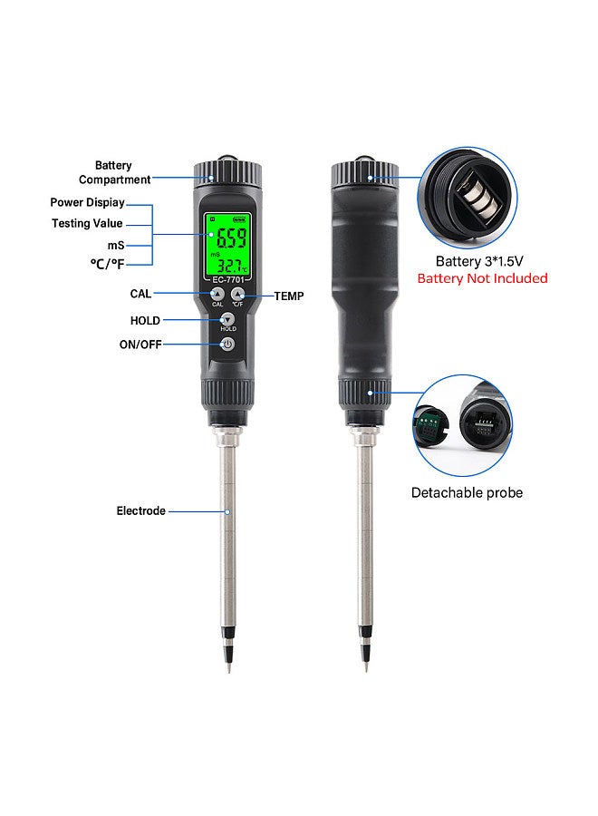 Generic Multi-function LCD Digital Soil EC Tester Thermometer Soil Moisture Meter 0.00-10.00mS/cm Waterproof Backlight Detachable Probe Automatic Temperature Compensation Soil Conductivity Tester  - Image 2
