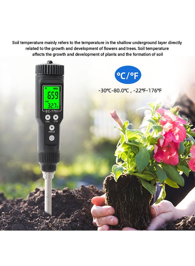 Generic Multi-function LCD Digital Soil EC Tester Thermometer Soil Moisture Meter 0.00-10.00mS/cm Waterproof Backlight Detachable Probe Automatic Temperature Compensation Soil Conductivity Tester  - Image 5
