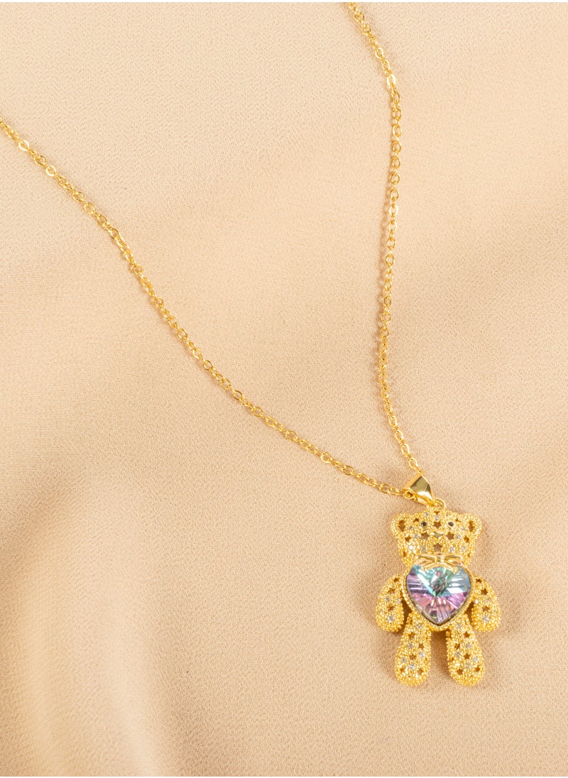 The Black Pearl Accessories Stainless Steel Necklace with a big Zirconic Bear and Crystal Stone Heart  - Image 2