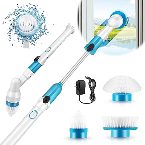 PERDANT Electric Spin Scrubber Bathroom Tiles Cleaner Tool with 3 Replaceable Brushes Bathroom Scrubber Cleaning Brush Heads Cordless, Adjustable Extension Arm (White) - Image 1