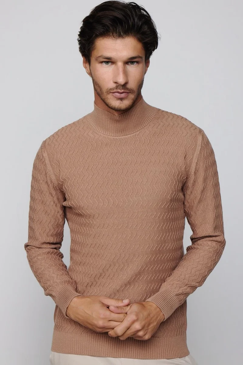 تودورس Slim Fit Slim Fit Half Turtleneck Patterned Non-Pilling Beige Men's Knitwear Sweater
