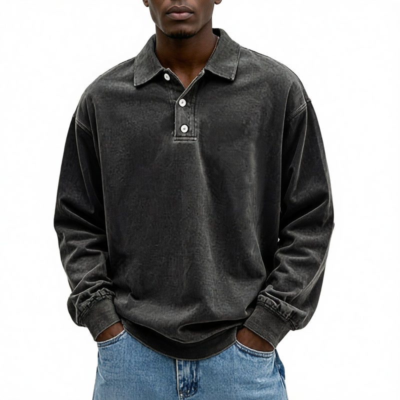 Men's Long Sleeve Washed Polo Shirt Casual Pullover Top