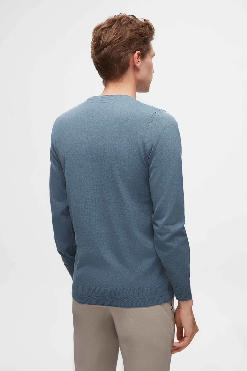 دي أس دامات Ds Damat Regular Fit Ocean Blue Plain Knit Wool Knitwear Sweater