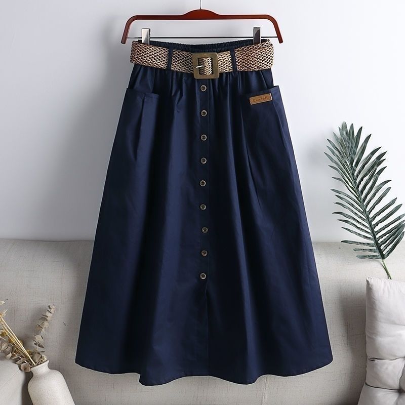 Cotton 2024 Spring and Summer New Korean Style Elastic High-waisted Skirt with Large Flap Pocket Pants Slits Slimming Look Mid-length A-line Skirt Navy blue [free belt]