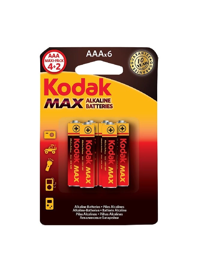 بطاريات قلوية من النوع ماكس سوبر AAA قلم ستة قطع باللونين الاحمر والأصفر 2.5 × 14.4 × 12.4 سم KOD009
