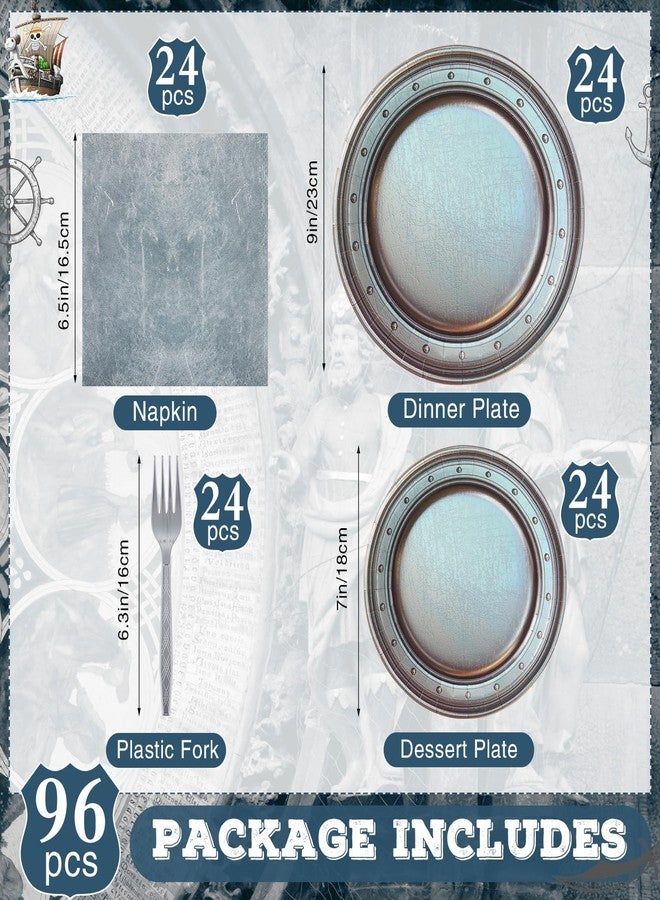 Jingmore 96 Pcs Medieval Party Supplies Disposable Paper Pewter Tableware Set for Castle Pirate Birthday Party Vintage Dinner Round Silver Grey Paper Plates Napkins Fork​ - Image 2