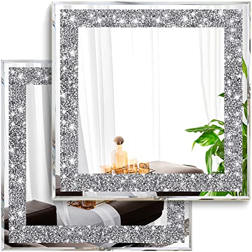 XIHACTY 2 Piece Wall Mirrors, Crush Diamond Mirrors Decor, Silver Decorative for Living Room Bedroom, Bathroom. (12”x12”) - Image 1