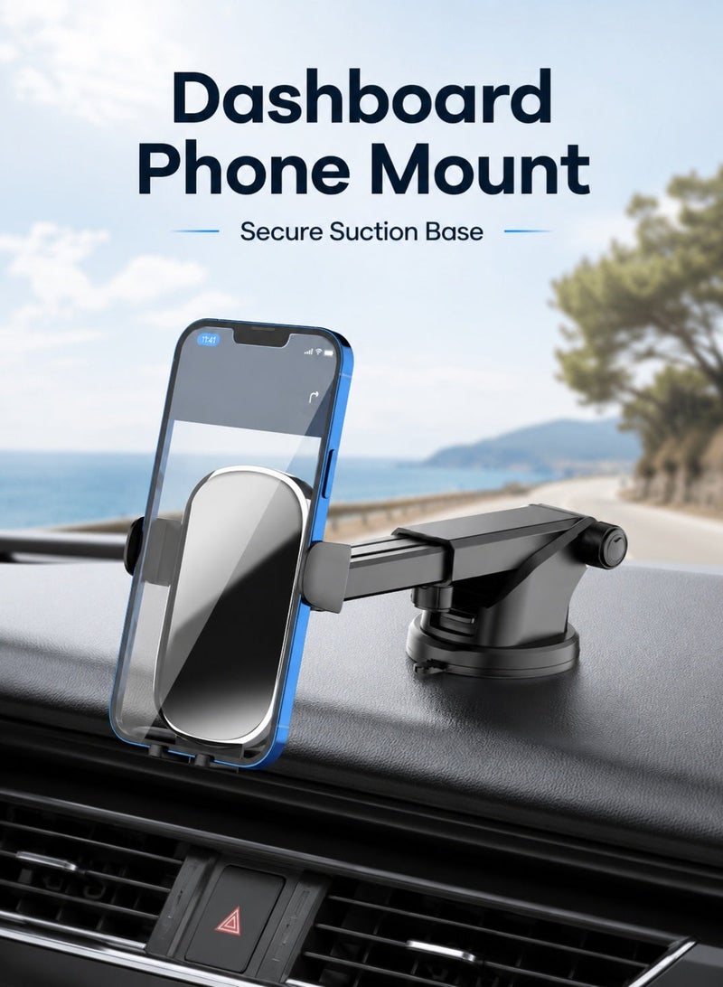 WYE Suction Cup Car Phone Holder | Strong Suction Cup | 360° Rotation phone Mount | Adjustable Length Arm | Windshield & Dashboard Mount | Universal Phone Stand Smartphone Compatibility | Black - Image 2