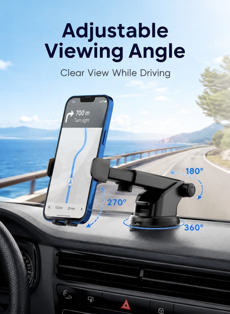 WYE Suction Cup Car Phone Holder | Strong Suction Cup | 360° Rotation phone Mount | Adjustable Length Arm | Windshield & Dashboard Mount | Universal Phone Stand Smartphone Compatibility | Black - Image 3