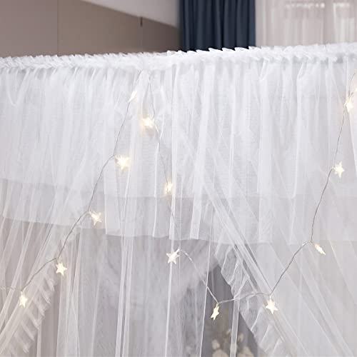 VETHIN 4 Corners Post Ruffle Princess Bed Canopy Curtain-Double Layer Cozy Drape Netting 4 Opening Mosquito Net for Girls Adults Bedroom Decoration (White/White, 53" W*78" L*82"*H/(Full)) - Image 5
