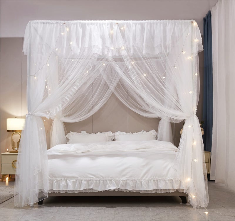 VETHIN 4 Corners Post Ruffle Princess Bed Canopy Curtain-Double Layer Cozy Drape Netting 4 Opening Mosquito Net for Girls Adults Bedroom Decoration (White/White, 53" W*78" L*82"*H/(Full)) - Image 4