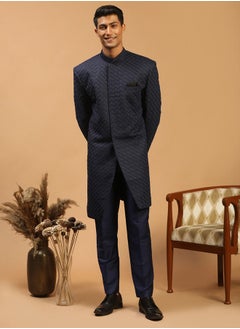 Men's Navy Blue Silk Blend Sherwani Set