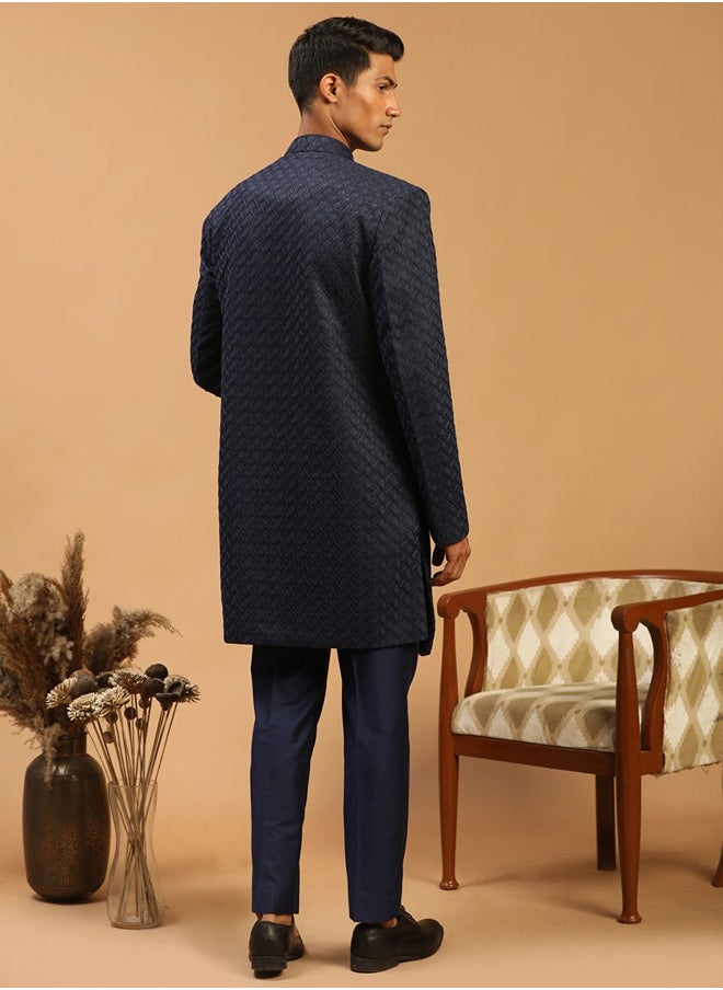 PRASHA - Men's Navy Blue Silk Blend Sherwani Set - Image 1