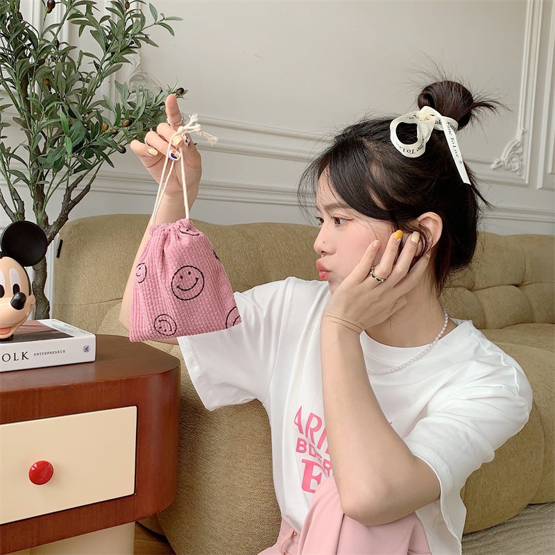 Retro Corduroy Smiley Drawstring Tote Bag Lotus Root Starch Smiley small size 