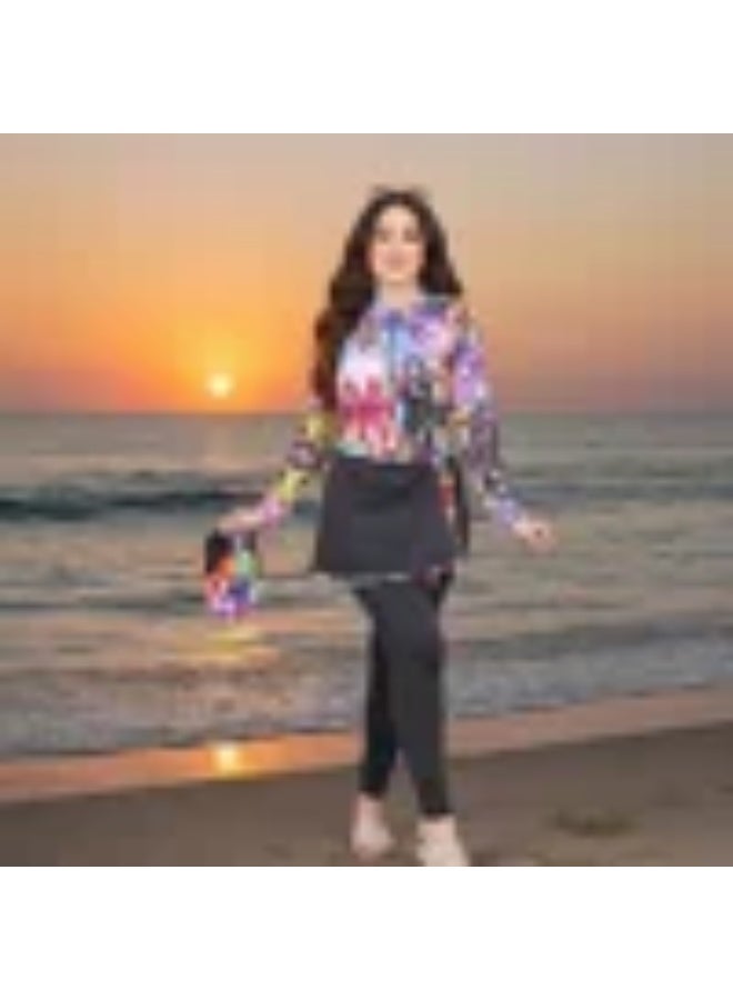 مايوه نسائي 3 قطع بتصميم عصري وألوان زاهية - تغطية كاملة وأناقة محتشمة - Image 2