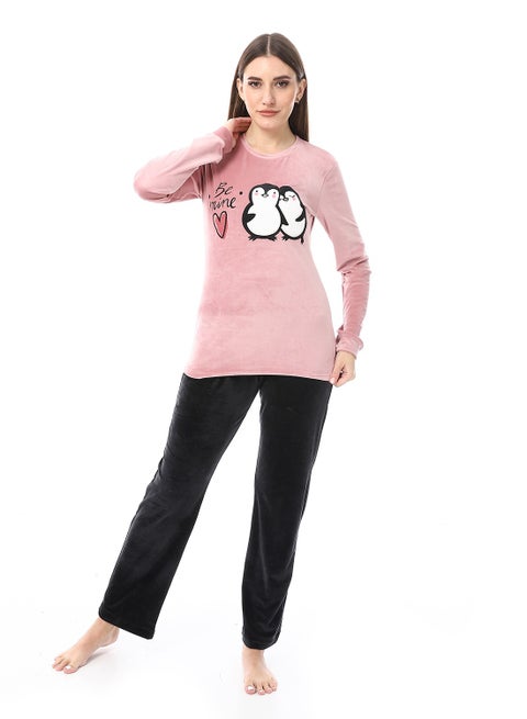 Soft Sticthed Hooded Pajama Set_ Dusty Rose & Black