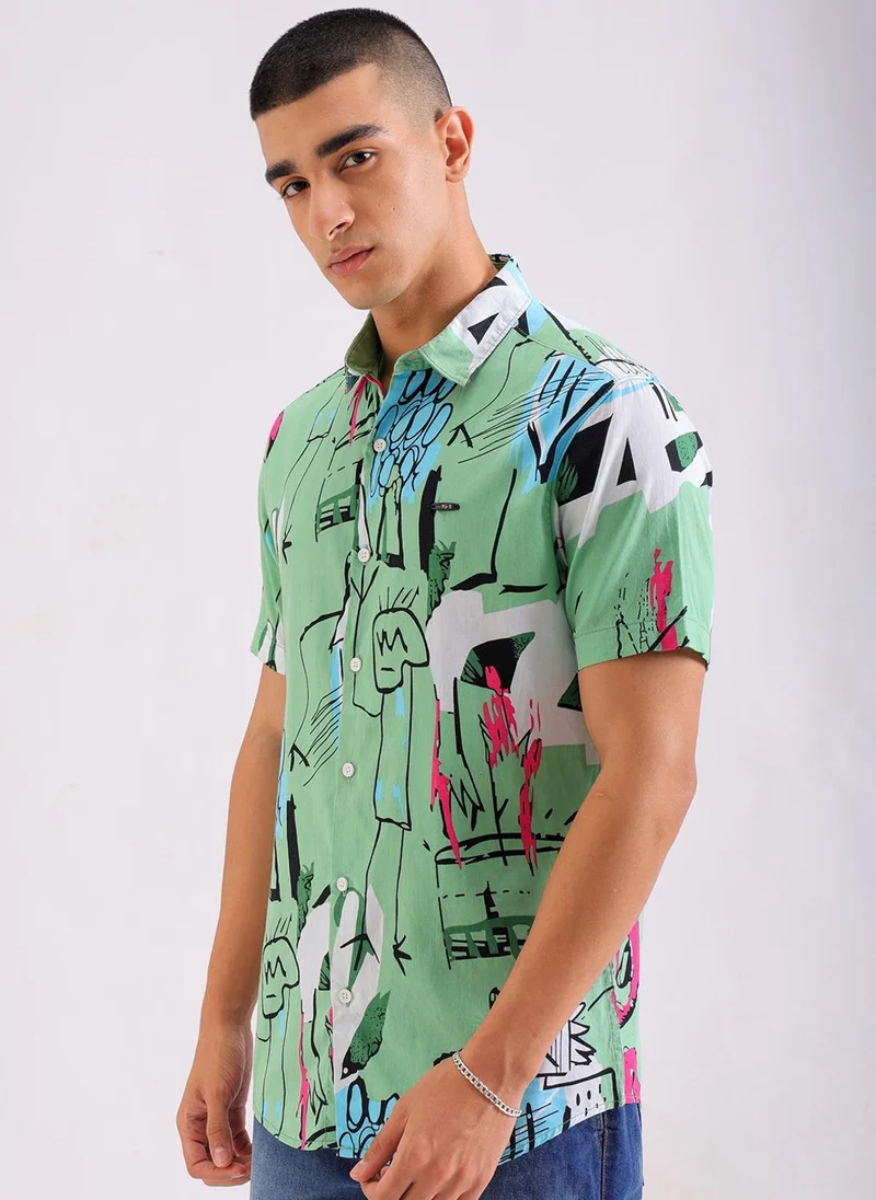 The Indian Garage Co Men Regular Fit Printed Half Sleeves Cutaway Collar Casual Shirt