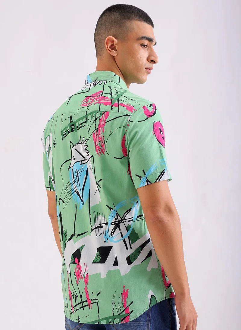 The Indian Garage Co Men Regular Fit Printed Half Sleeves Cutaway Collar Casual Shirt