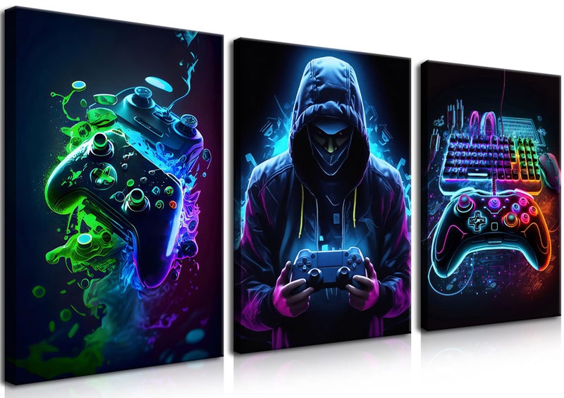 BGFCE Cool Gaming Canvas Wall Art Set of 3 Retro Video Game Watercolor Poster Pictures Neon Gamepad Gamepad Painting Prints for Kids Boys Game Room Bedroom Wall Decor 16x24 in Framed