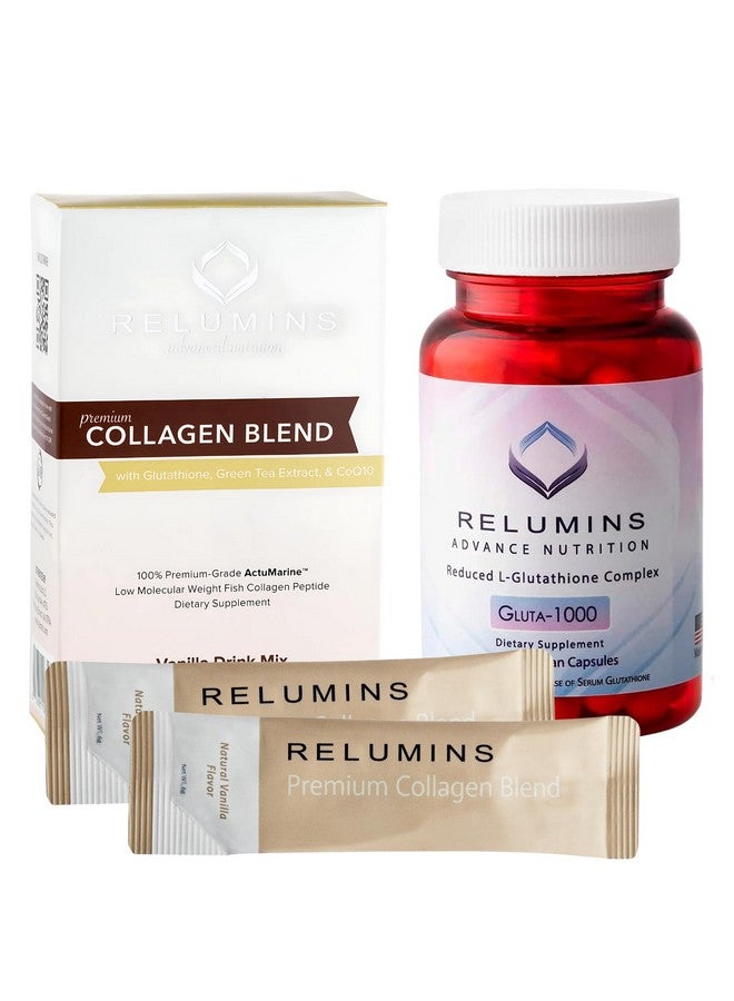 Relumins Premium Collagen & Advanced Gluta-1000 Bundle - 10 Sachets of Marine Collagen (Vanilla Flavor) + 60 Vegetarian Capsules - Supports Healthy Radiant Skin - Image 1