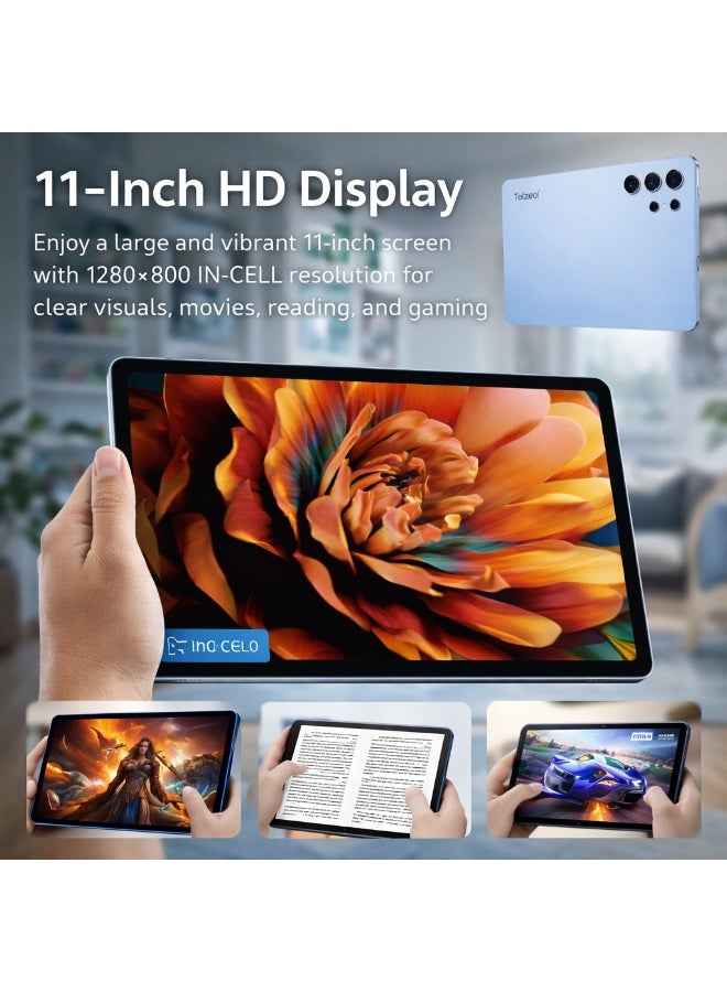 Telzeal تابلت تلزيل P202 – أزرق (12 جيجابايت RAM، 512 جيجابايت ROM)، شاشة HD بحجم 11 بوصة، بطارية بسعة 10000 مللي أمبير، كاميرا خلفية 20 ميجابكسل، شريحتين SIM، أندرويد 15، لوحة مفاتيح وفأرة متضمنة - Image 2