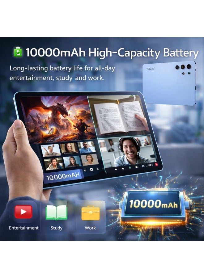 Telzeal تابلت تلزيل P202 – أزرق (12 جيجابايت RAM، 512 جيجابايت ROM)، شاشة HD بحجم 11 بوصة، بطارية بسعة 10000 مللي أمبير، كاميرا خلفية 20 ميجابكسل، شريحتين SIM، أندرويد 15، لوحة مفاتيح وفأرة متضمنة - Image 4