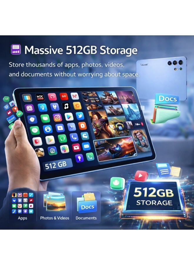 Telzeal تابلت تلزيل P202 – أزرق (12 جيجابايت RAM، 512 جيجابايت ROM)، شاشة HD بحجم 11 بوصة، بطارية بسعة 10000 مللي أمبير، كاميرا خلفية 20 ميجابكسل، شريحتين SIM، أندرويد 15، لوحة مفاتيح وفأرة متضمنة - Image 5