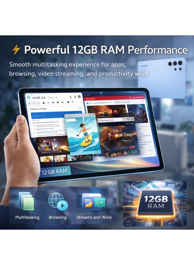 Telzeal تابلت تلزيل P202 – أزرق (12 جيجابايت RAM، 512 جيجابايت ROM)، شاشة HD بحجم 11 بوصة، بطارية بسعة 10000 مللي أمبير، كاميرا خلفية 20 ميجابكسل، شريحتين SIM، أندرويد 15، لوحة مفاتيح وفأرة متضمنة - Image 3
