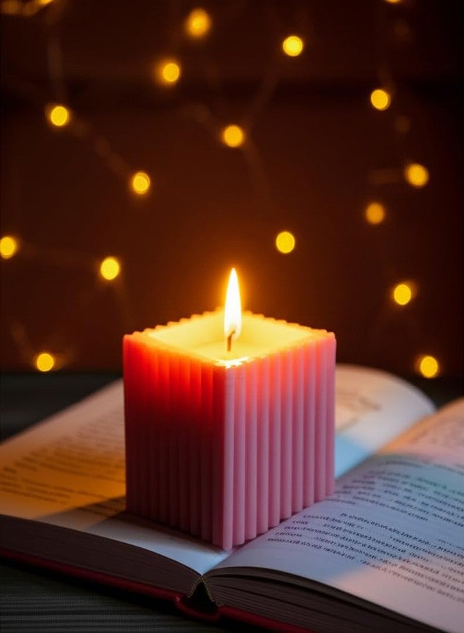 Stone & Feather� (SnF), English Garden Aromatic Ribbed Pillar Candle Half Filled, Pink (Paraffin Wax), Size 3x3 inches, Square, for Meditation, Home Decoration, Diwali - Image 1